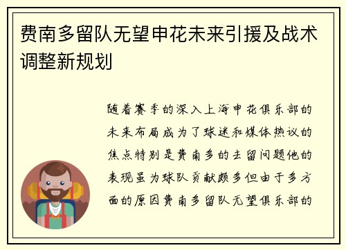 费南多留队无望申花未来引援及战术调整新规划